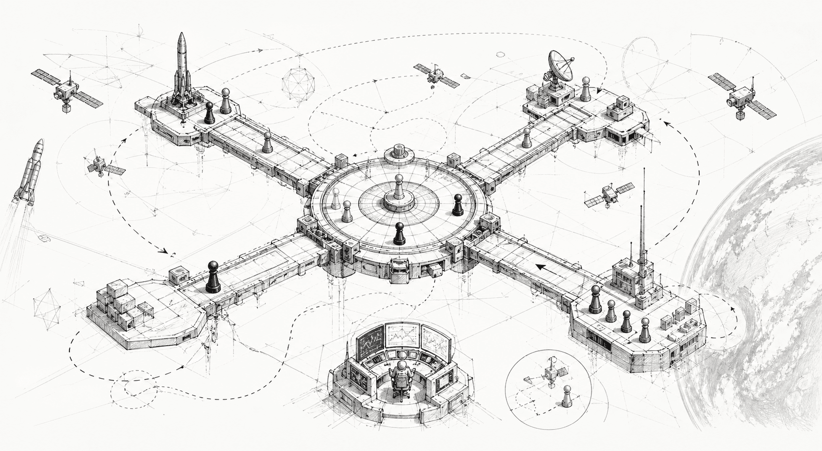 Black and white sketch of an orbital compute simulation board