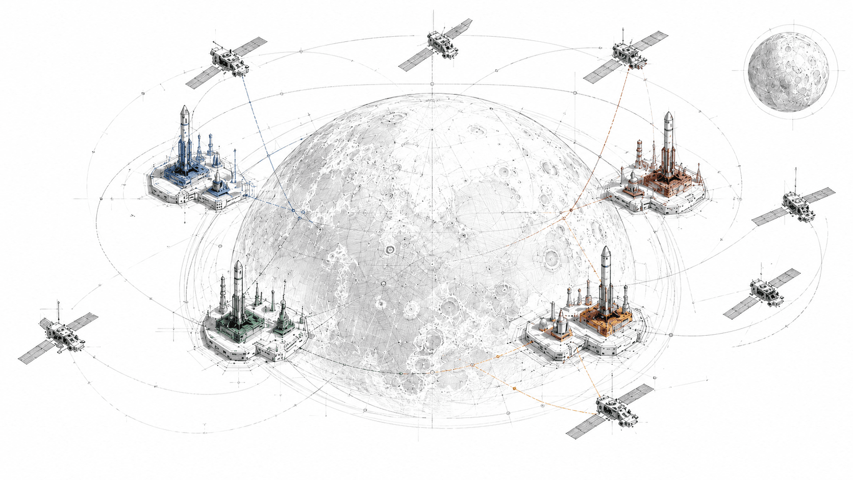 Technical orbital-compute diagram showing four color-coded lunar launch bases linked by satellites around a cratered moon